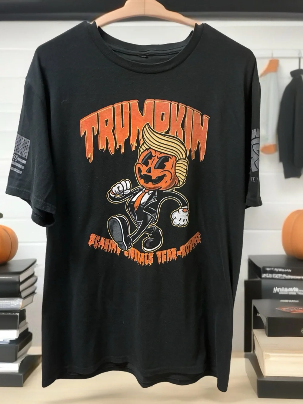 Black Short Sleeve Graphic Tee with Orange Pumpkin Character